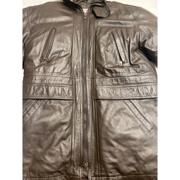 Vintage All American Men's Brown Leather Down Long Hooded Zip Coat Size Large - Picture 3 of 13